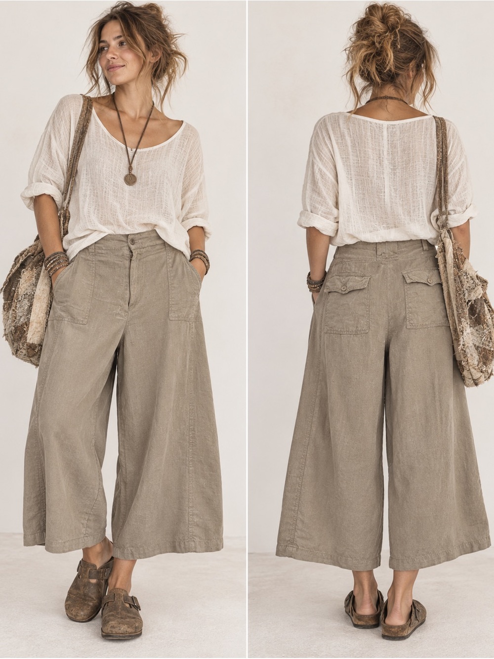 Chico's Beige Wide-Leg Linen Coastal Mori Kei minimalist Relaxed Pants Size 2